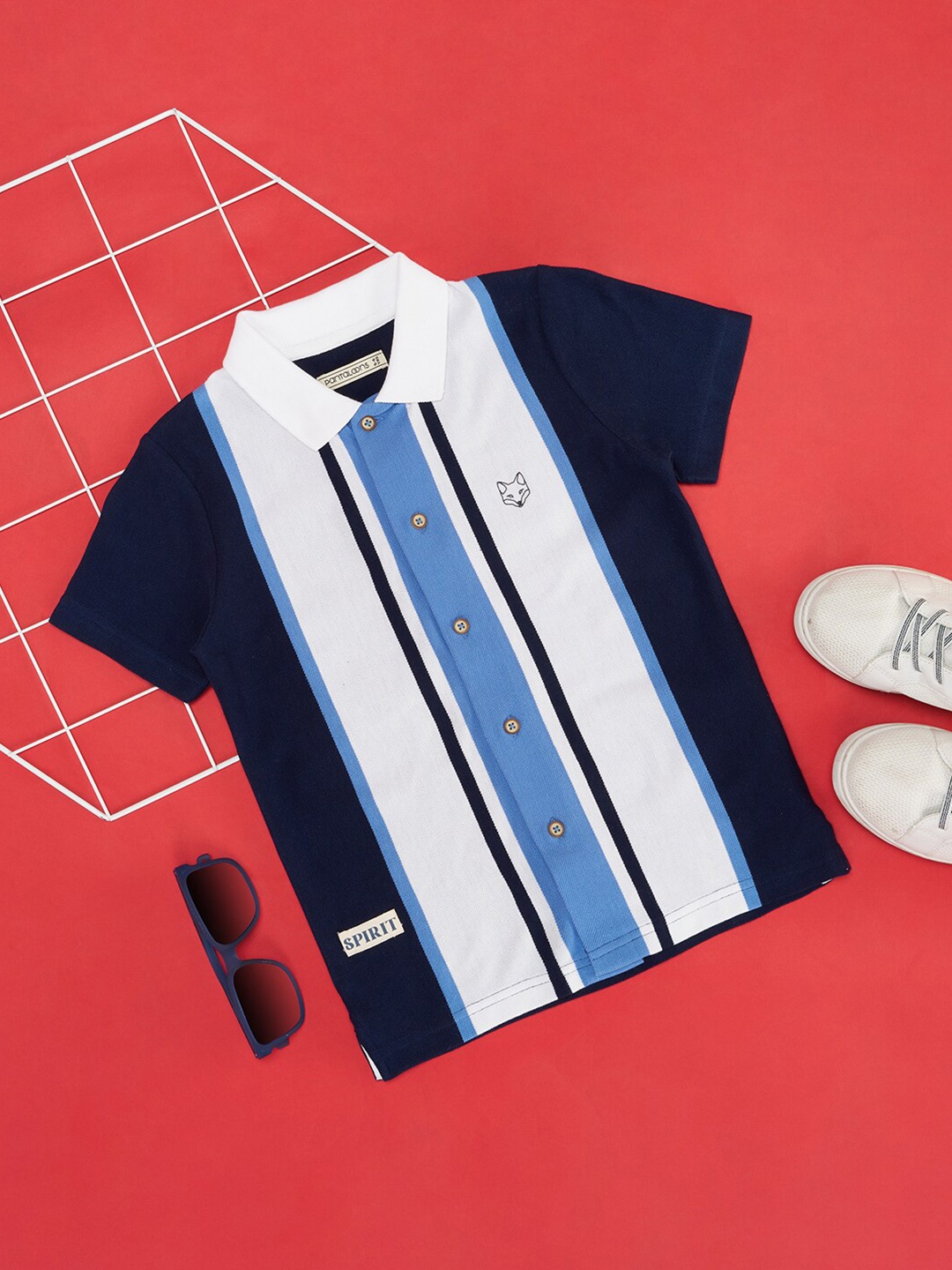

Pantaloons Junior Boys Striped Cotton Spread Collar Casual Shirt, Navy blue