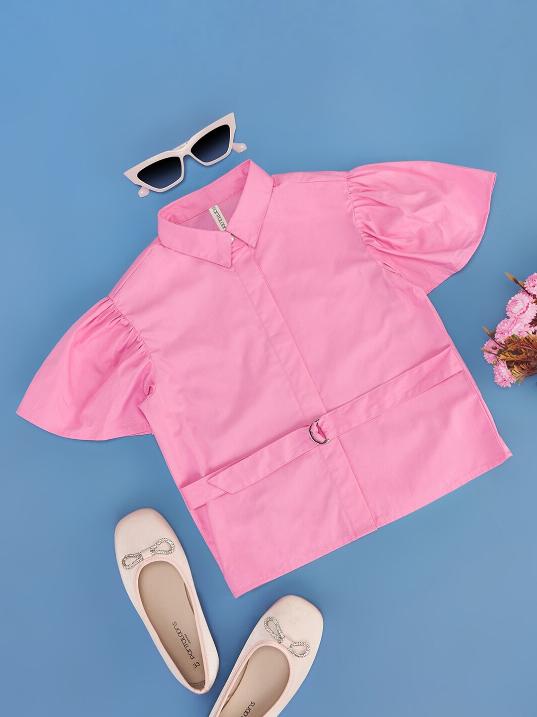 

Pantaloons Junior Girls Flutter Sleeves Cotton Shirt Style Top, Pink