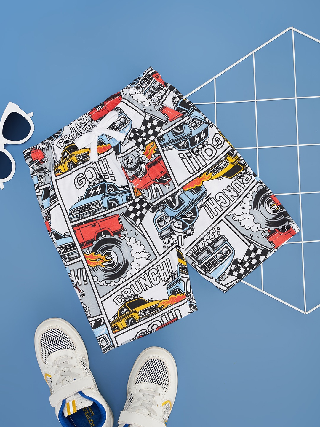 Pantaloons Junior Boys Printed Mid-Rise Cotton Shorts, Off white