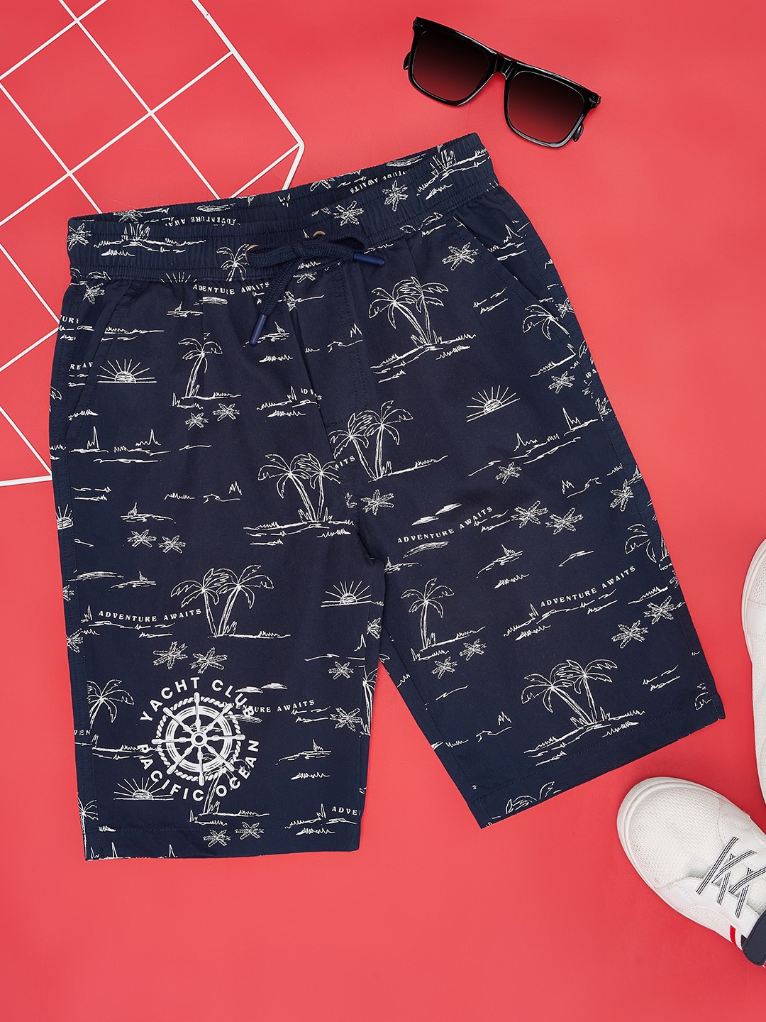 

Pantaloons Junior Boys Printed Mid-Rise Pure Cotton Shorts, Teal