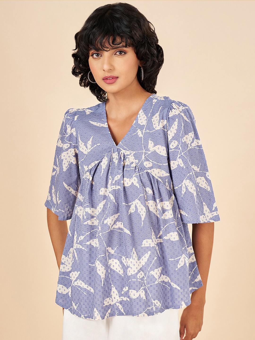 

AKKRITI BY PANTALOONS Floral Printed Flared Sleeve Gathered Cotton Empire Top, Blue