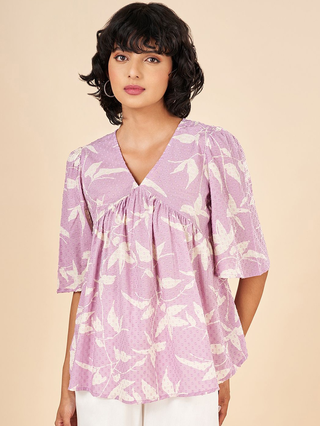 

AKKRITI BY PANTALOONS Floral Printed Flared Sleeve Gathered Cotton Empire Top, Purple