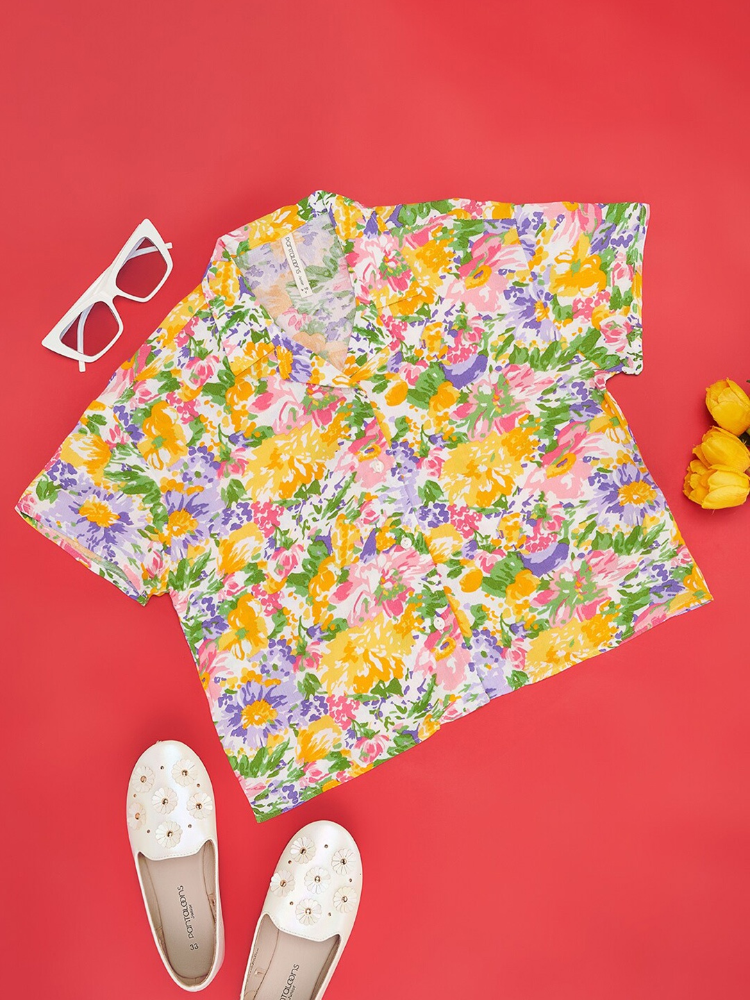 

Pantaloons Junior Girls Floral Printed Pure Cotton Shirt Style Top, White