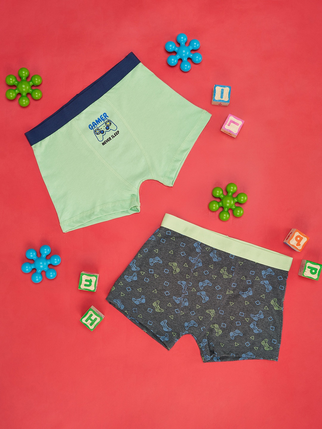

Pantaloons Junior Boys Pack Of 2 Printed Pure Cotton Trunks, Green