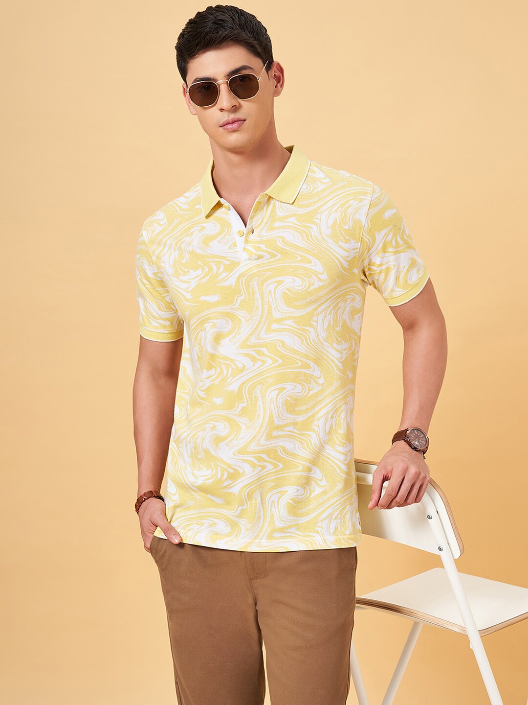 

BYFORD by Pantaloons Abstract Printed Polo Collar Slim Fit T-shirt, Yellow