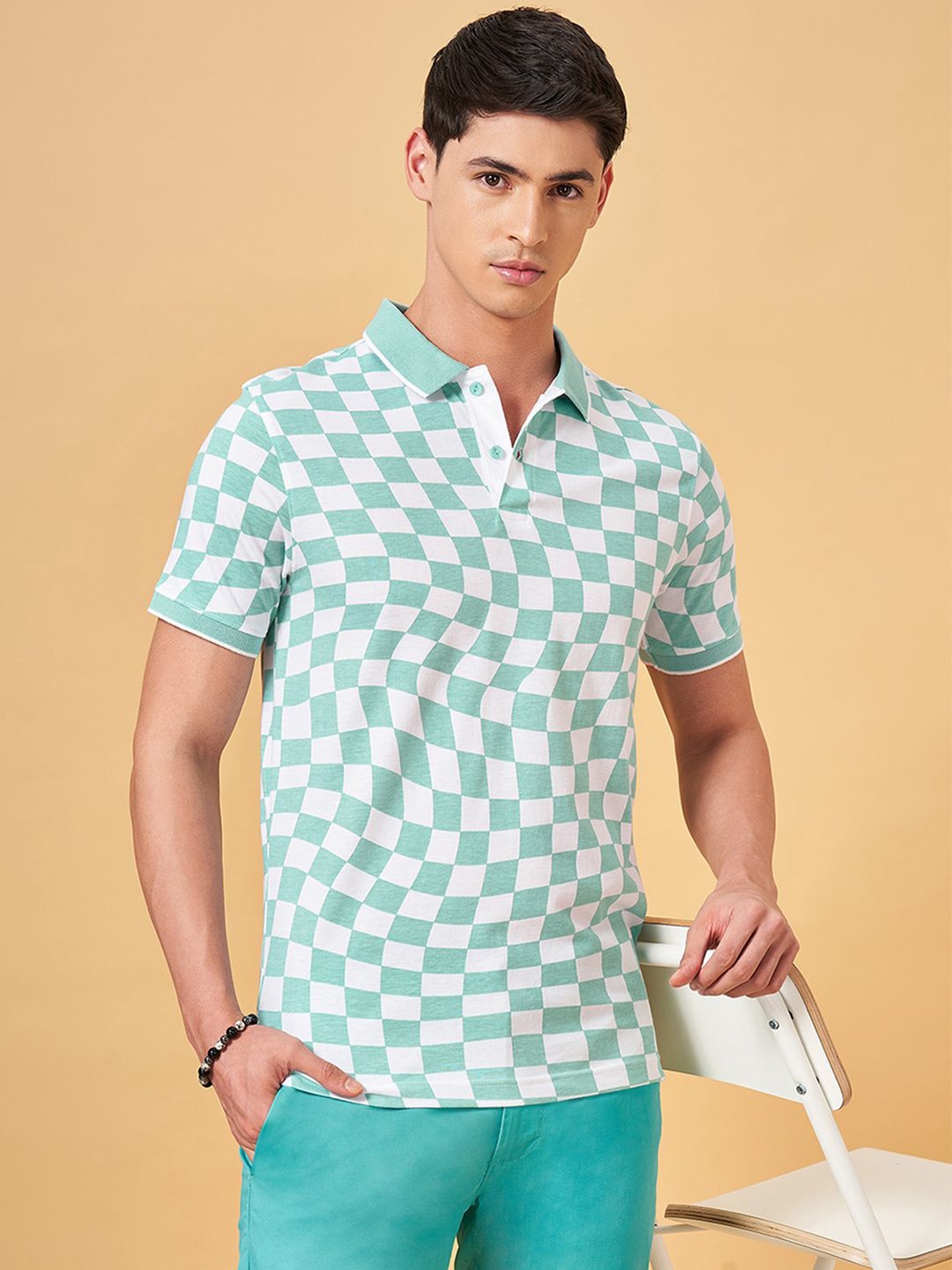 

BYFORD by Pantaloons Checked Polo Collar Slim Fit T-shirt, Green