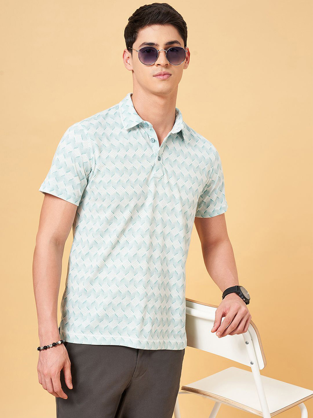 

BYFORD by Pantaloons Geometric Printed Polo Collar Slim Fit T-shirt, Blue