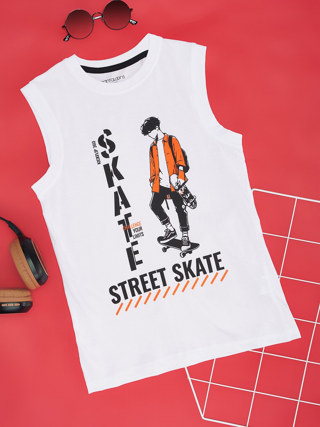 

Pantaloons Junior Boys Graphic Printed Sleeveless Cotton T-shirt, White