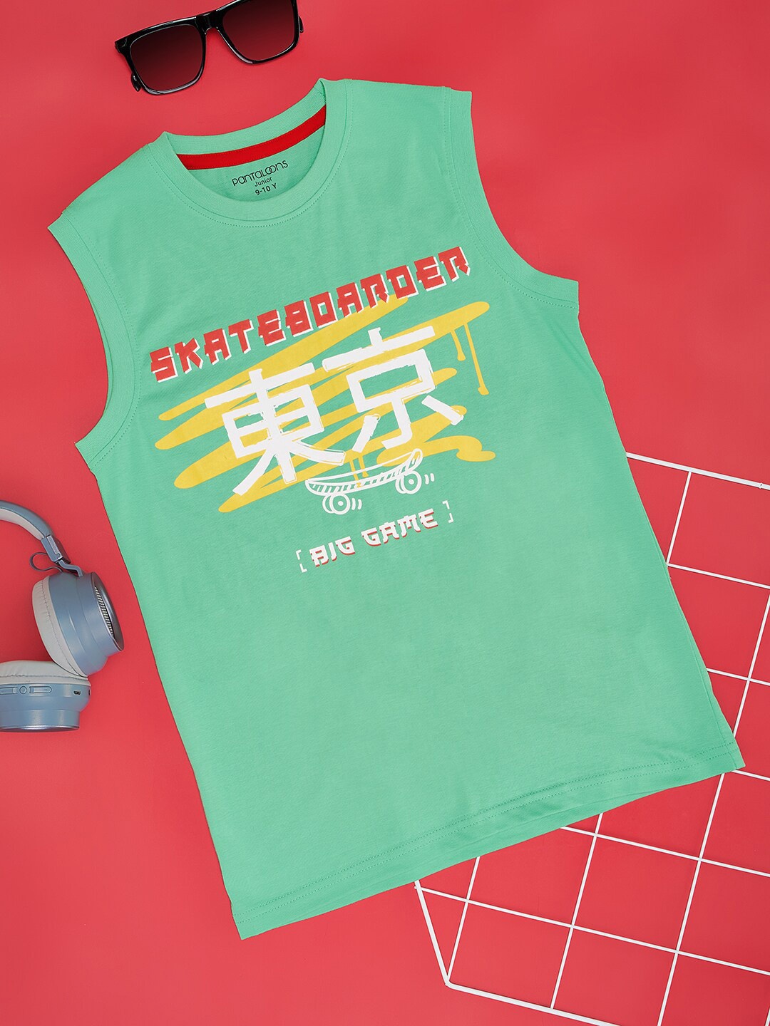 Pantaloons Junior Boys Graphic Printed Sleeveless Cotton T-shirt, Green