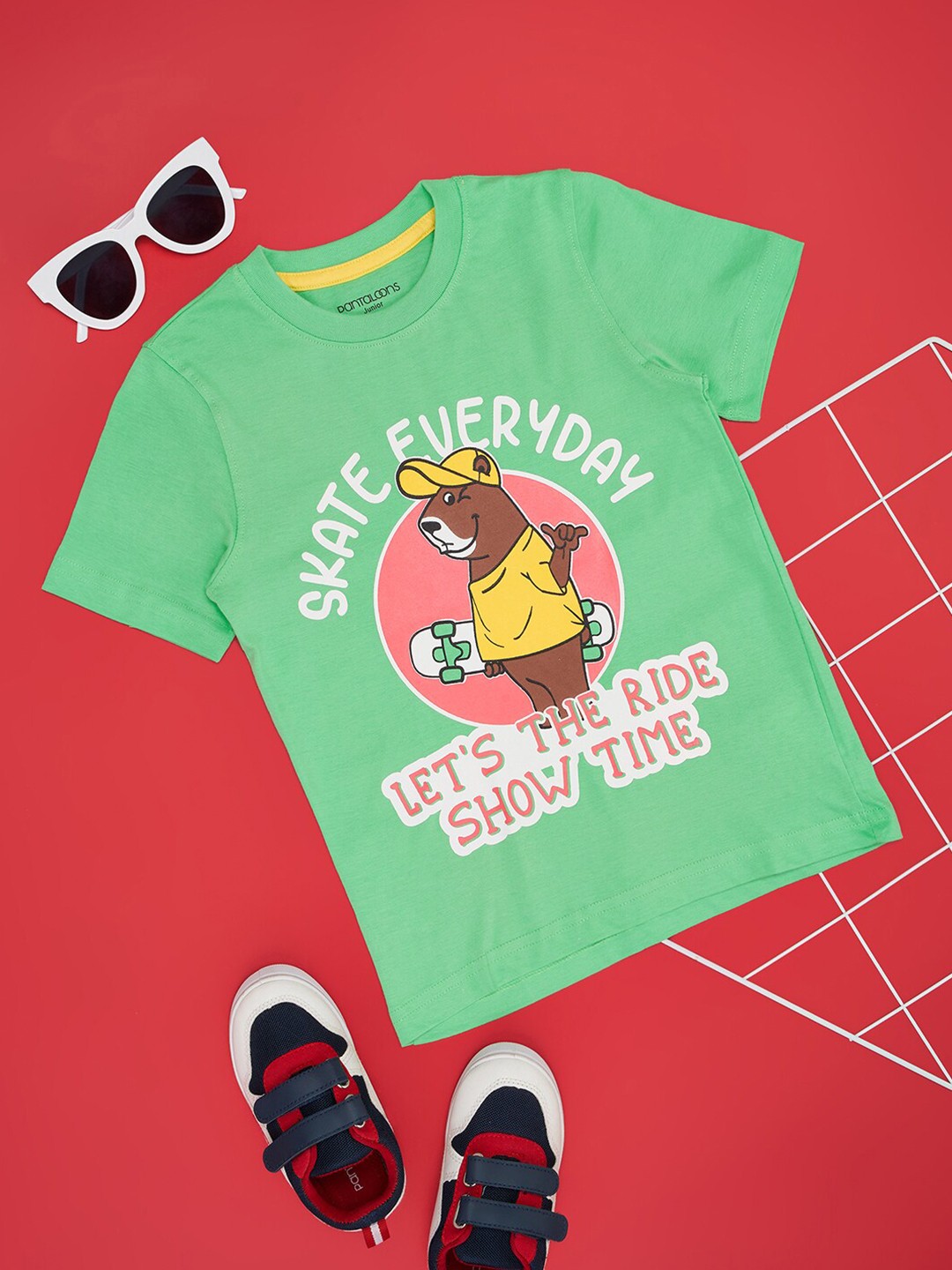 

Pantaloons Junior Boys Typography Printed Cotton Applique Casual T-shirt, Green