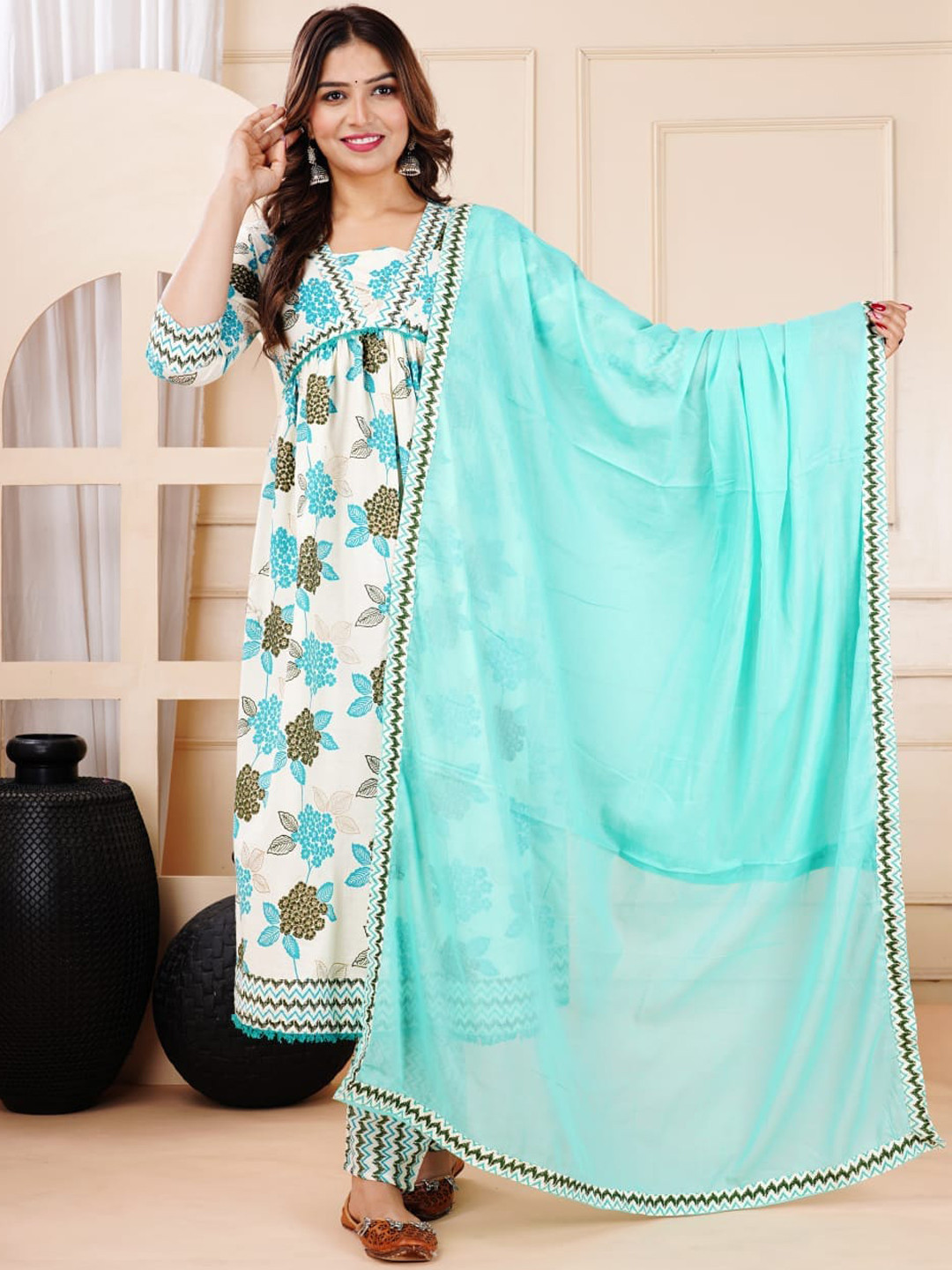 

FCV Floral Printed Regular Pure Cotton Straight Kurta With Trousers & Dupatta, Sea green