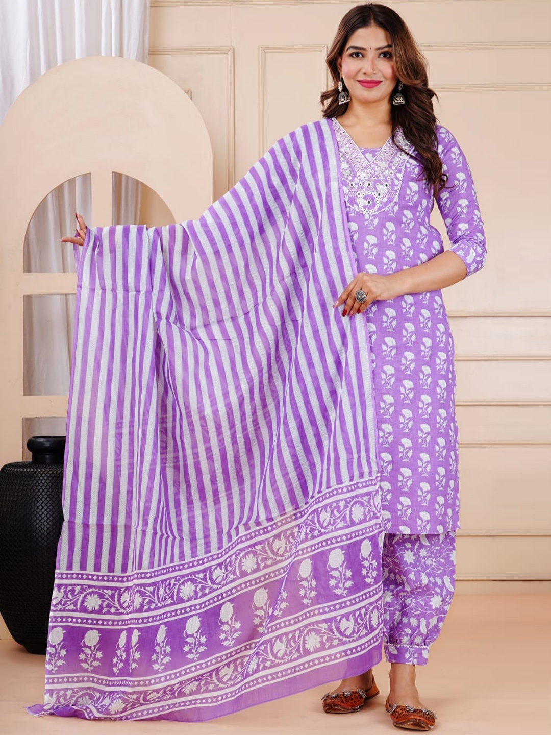 

FCV Floral Printed Regular Thread Work Pure Cotton Straight Kurta With Trousers & Dupatta, Purple