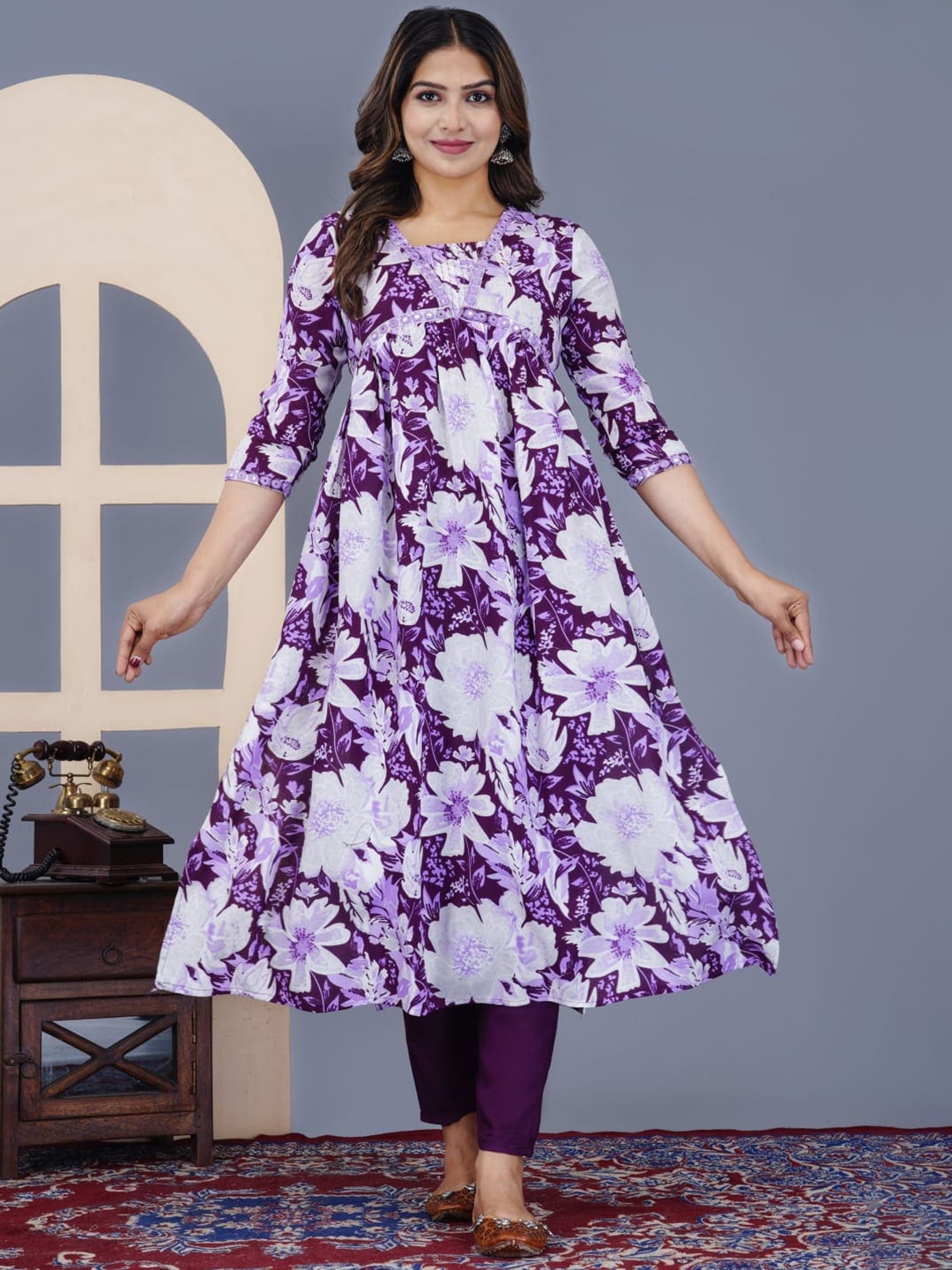 

FCV Floral Printed Cotton Kurta with Afghani Trousers Set, Purple