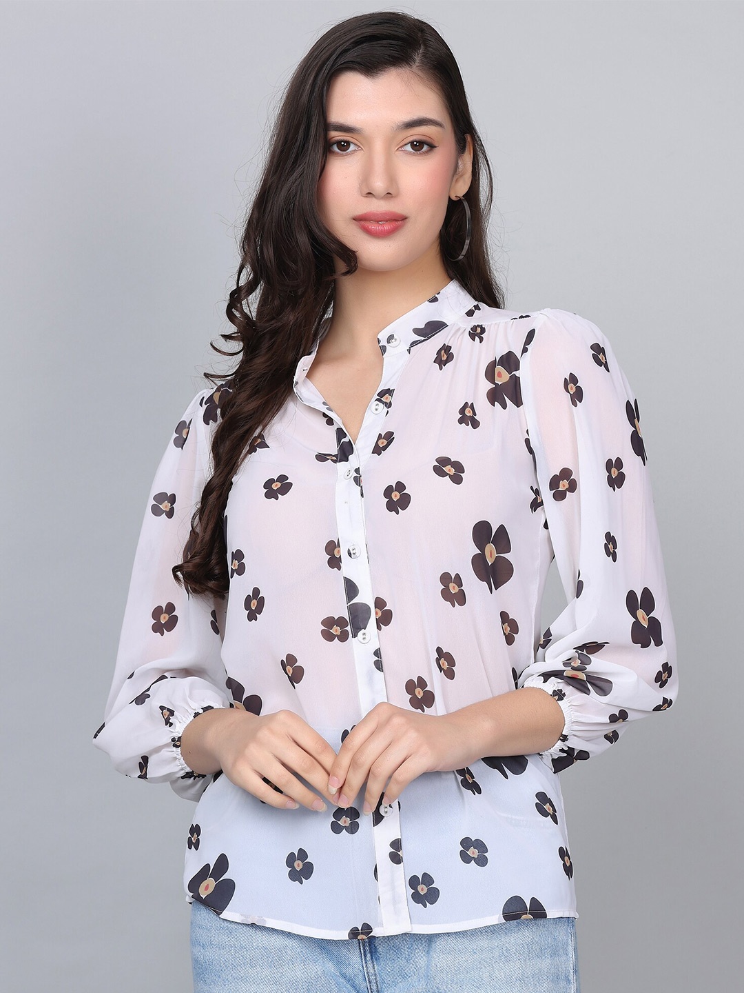 

HAUTEQUE Modern Floral Printed Mandarin Collar Long Sleeves Casual Shirt, White