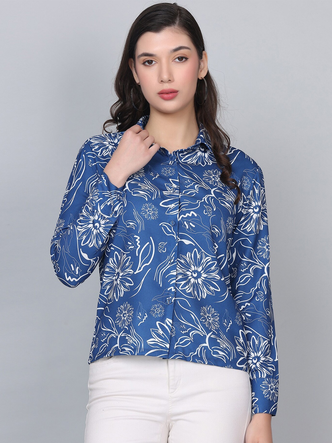 

HAUTEQUE Modern Floral Printed Spread Collar Long Sleeves Casual Shirt, Blue