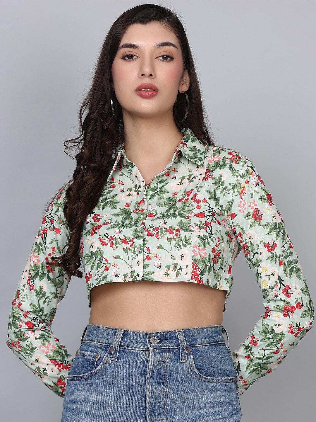 

HAUTEQUE Modern Floral Printed Spread Collar Long Sleeves Casual Crop Shirt, Green