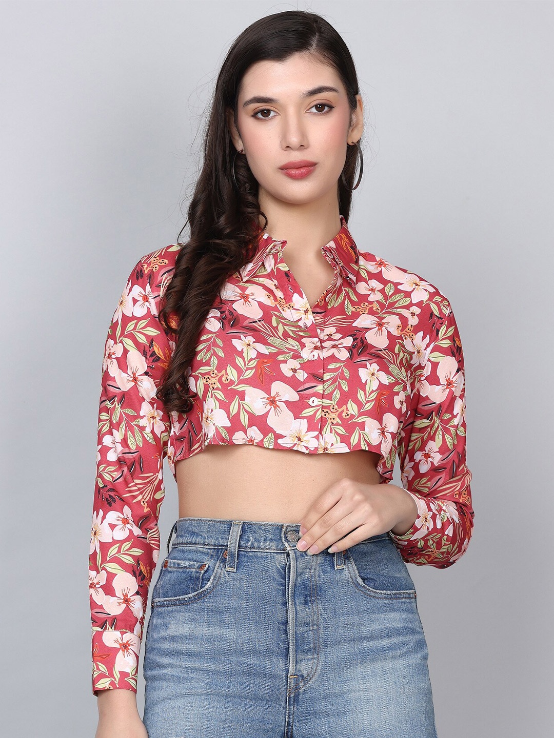 

HAUTEQUE Modern Floral Printed Spread Collar Long Sleeves Casual Crop Shirt, Coral