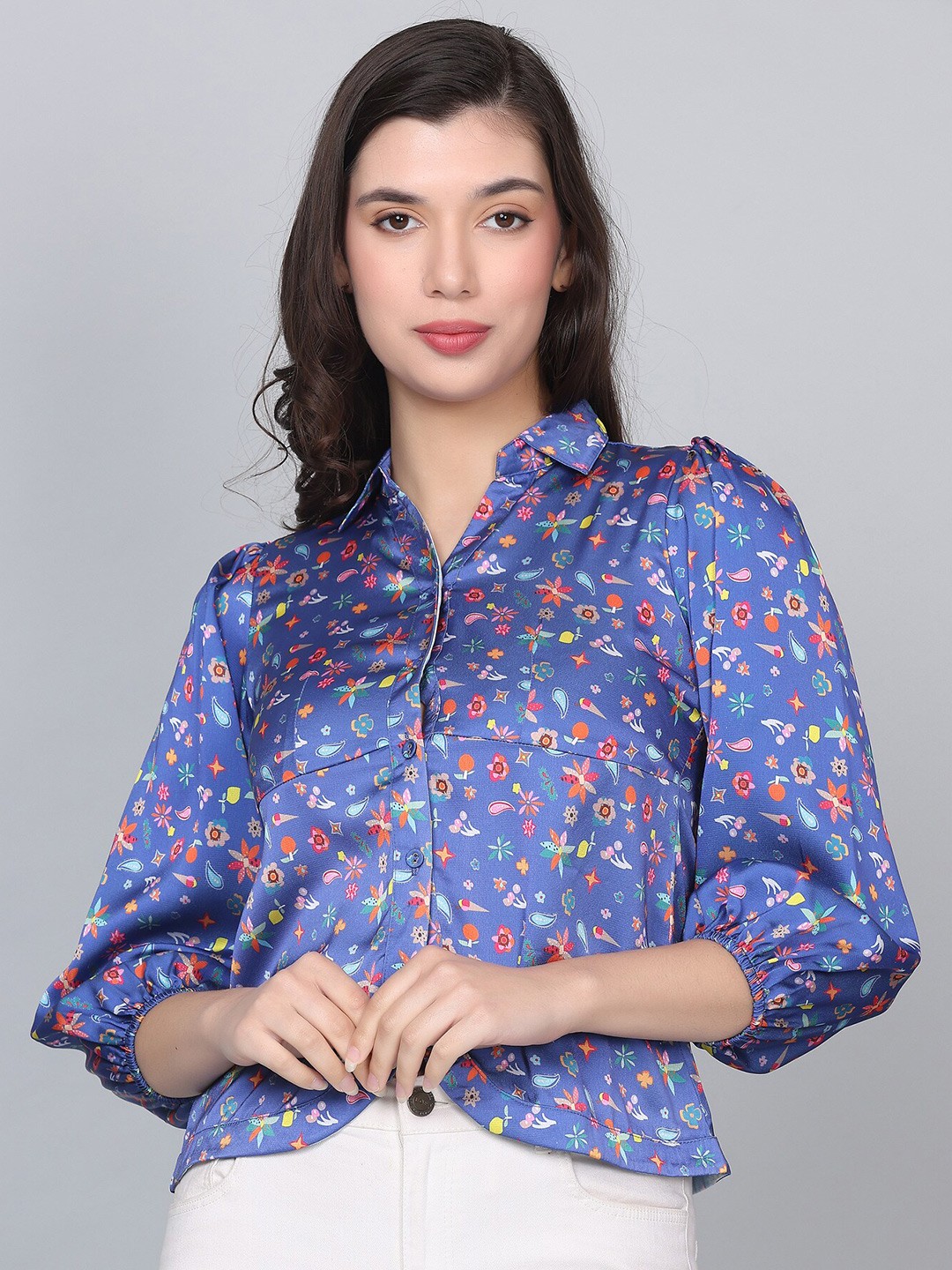 

HAUTEQUE Floral Printed Puff Sleeve Shirt Style Top, Blue