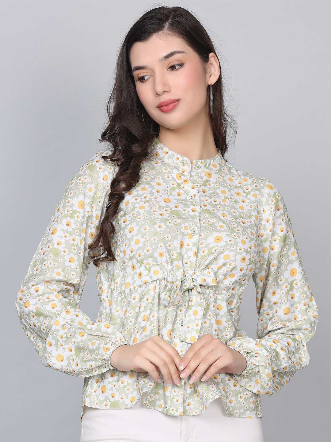 

HAUTEQUE Floral Printed Mandarin Collar Puff Sleeves Top, Green