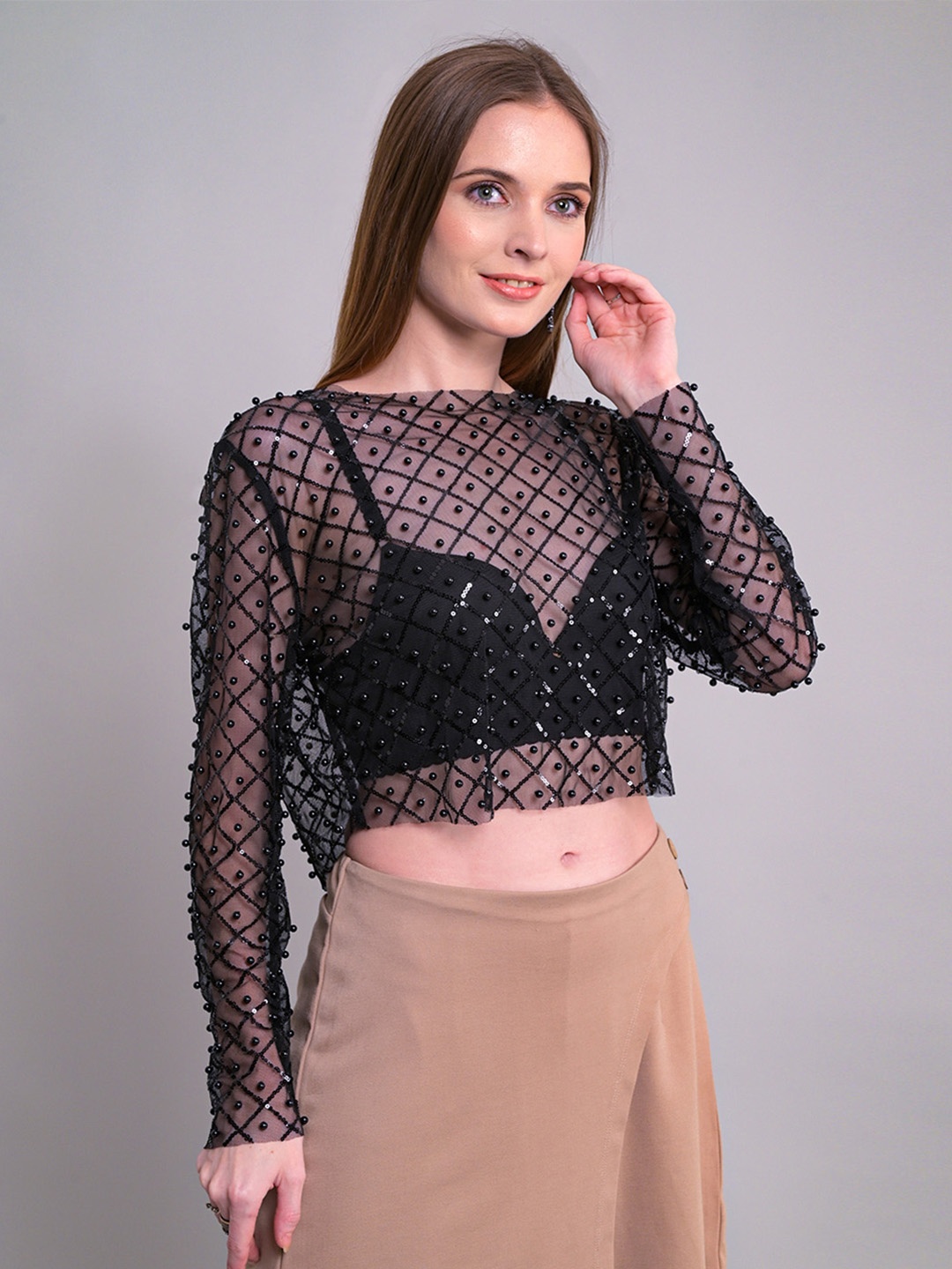 

GPLT-A BEAUTIFUL SOUL Round Neck Pearl Sequinned Sheer Party Top, Black