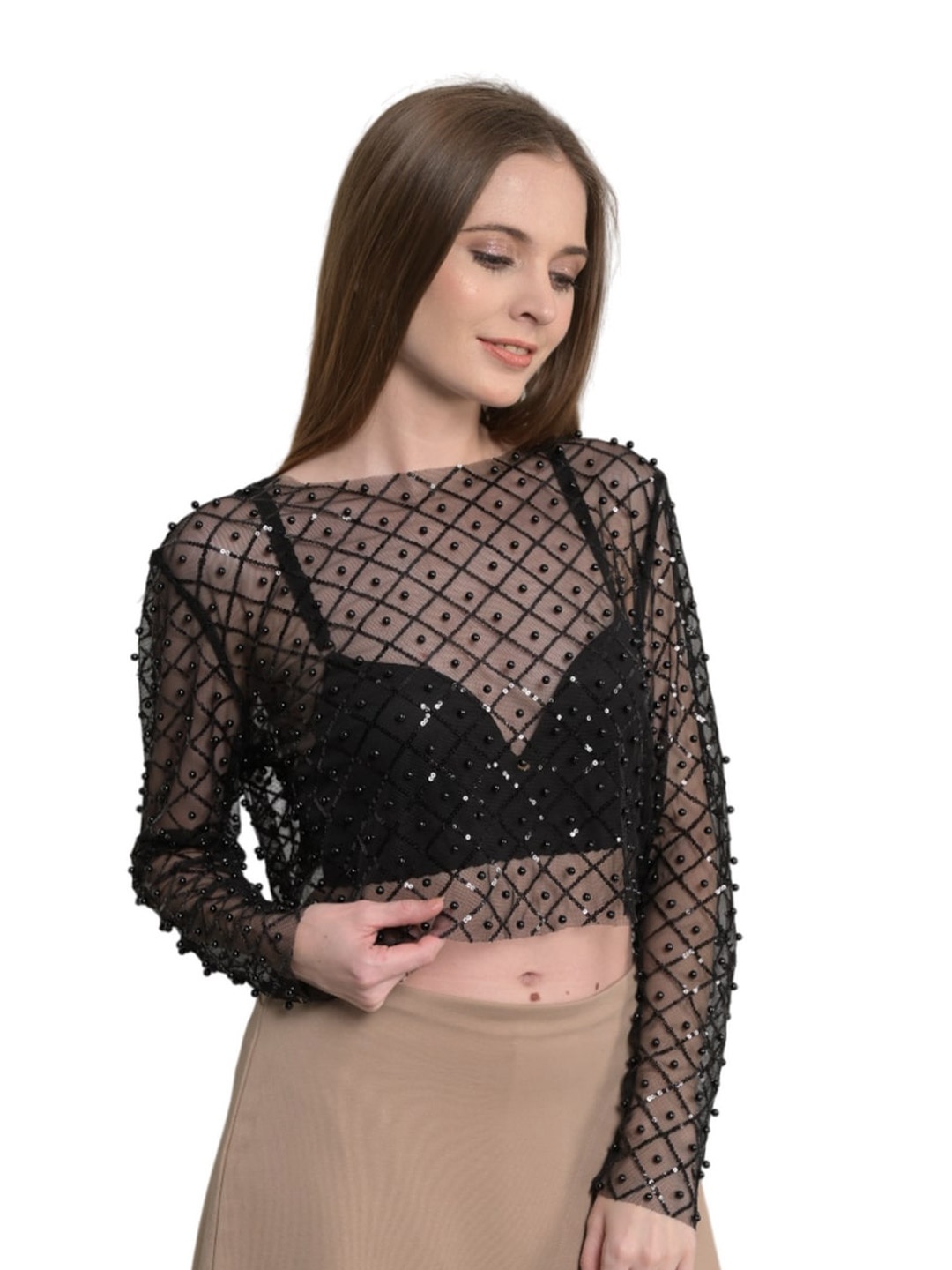 

GPLT-A BEAUTIFUL SOUL Checked Embellished Sheer Party Top, Black