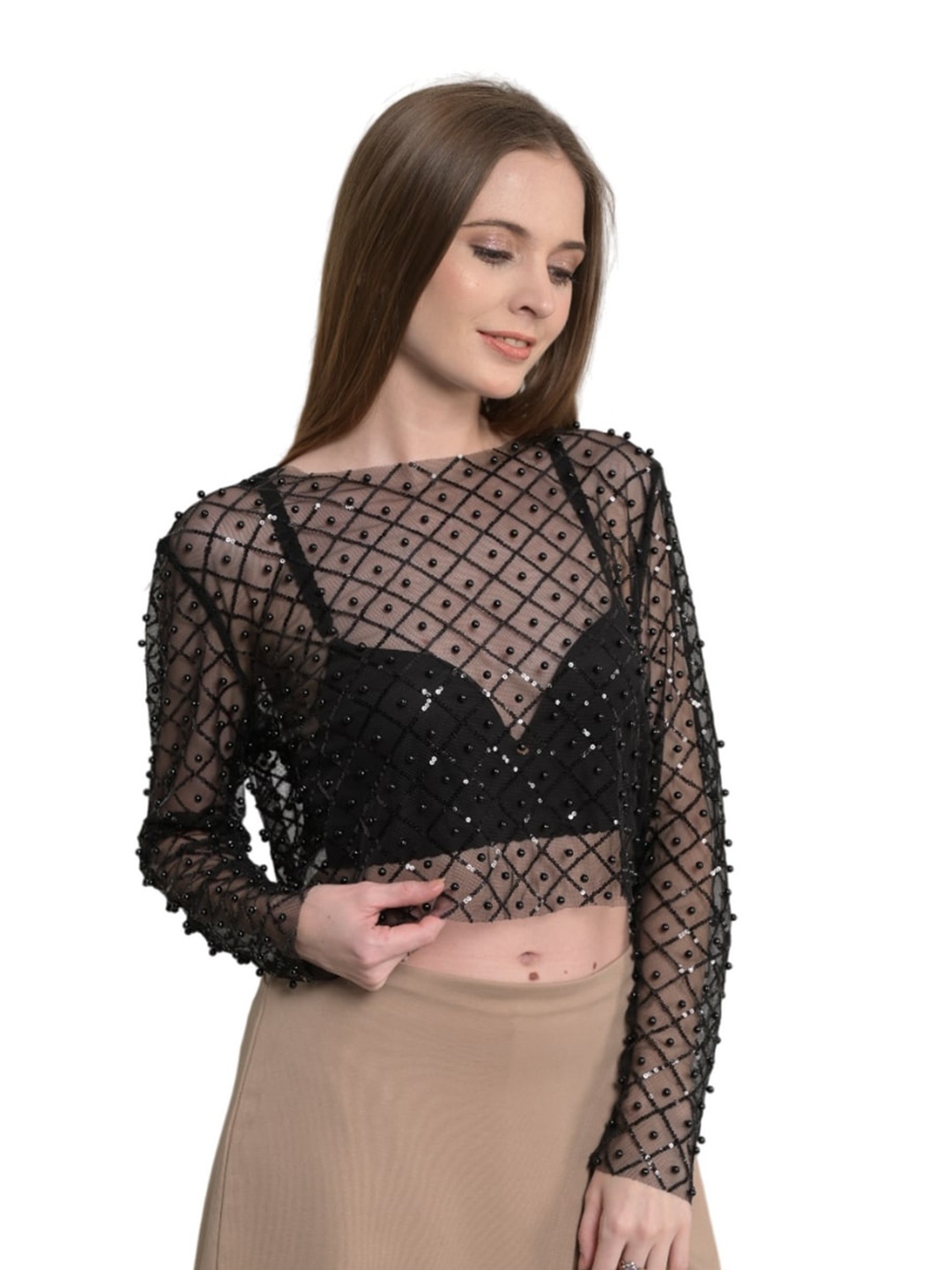 

GPLT-A BEAUTIFUL SOUL Round Neck Pearl Sequinned Sheer Party Top, Black