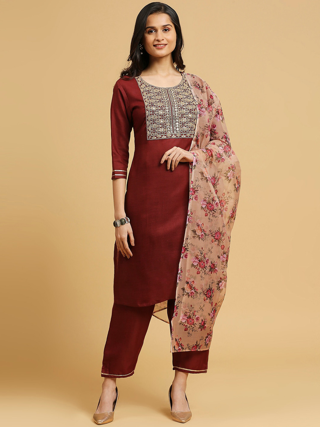 

KALINI Floral Yoke Design Regular Thread Work Straight Kurta With Trousers & Dupatta, Maroon