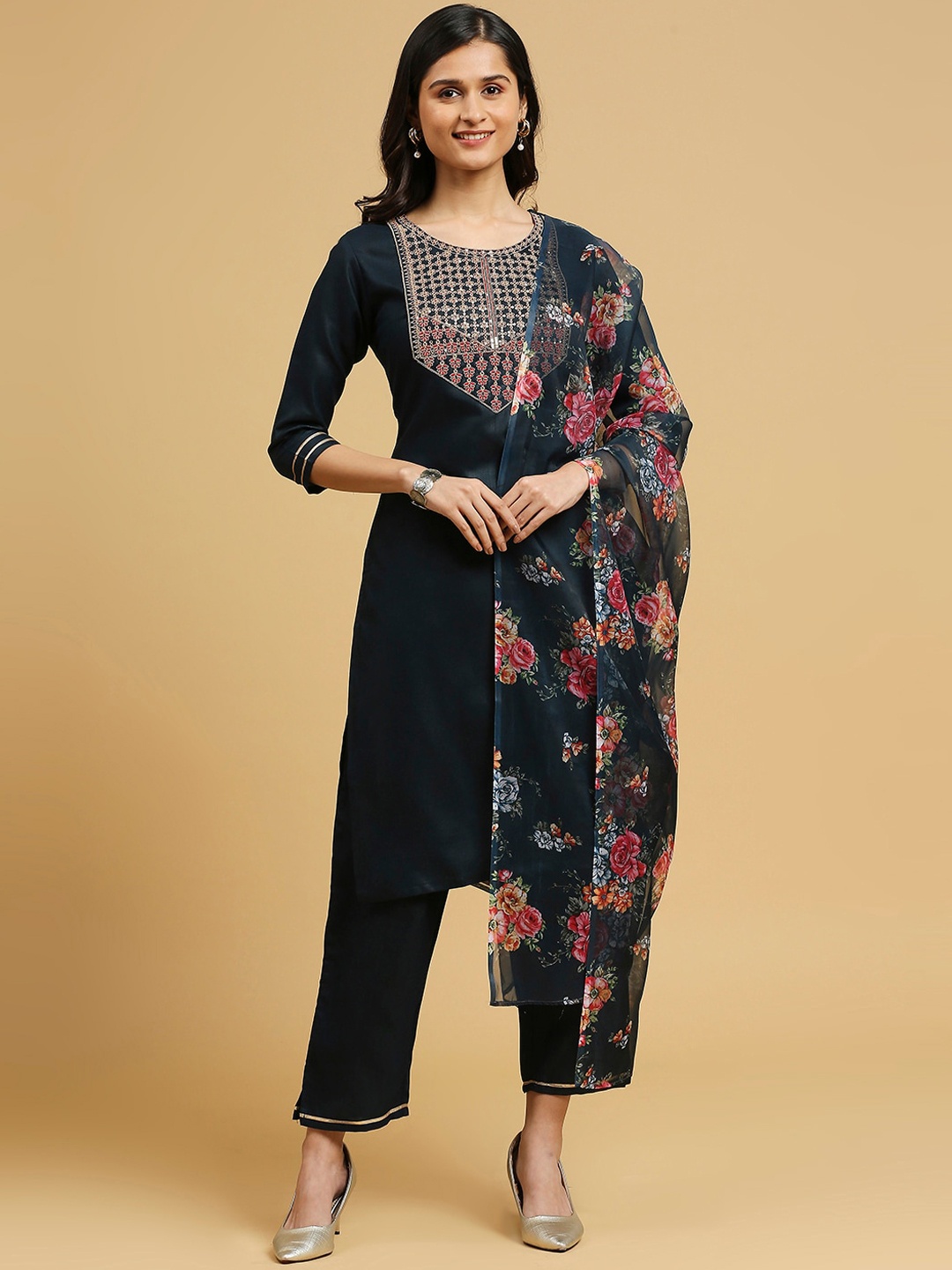 

KALINI Floral Yoke Design Cotton Silk Sequinned Straight Kurta With Trousers & Dupatta, Navy blue