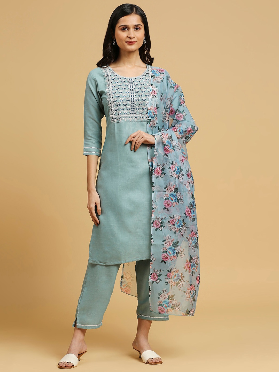 

KALINI Floral Yoke Design Cotton Silk Thread Work Straight Kurta With Trousers & Dupatta, Blue