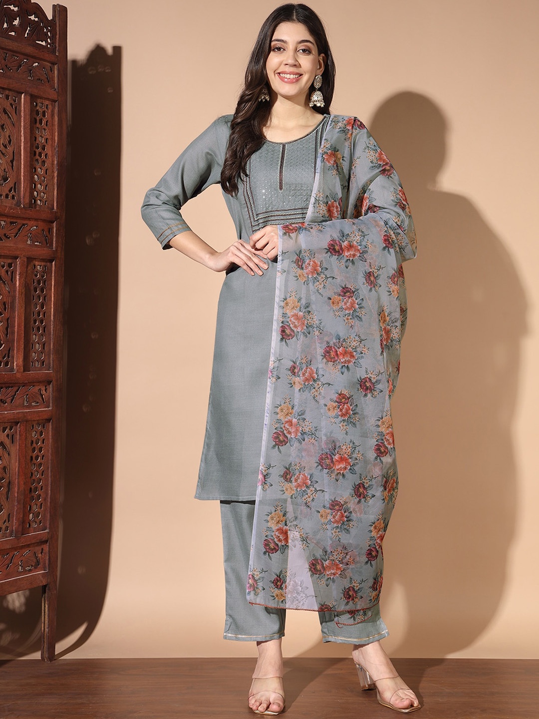 

KALINI Floral Embroidered Round Neck Straight Sequinned Kurta With Trousers & Dupatta, Grey