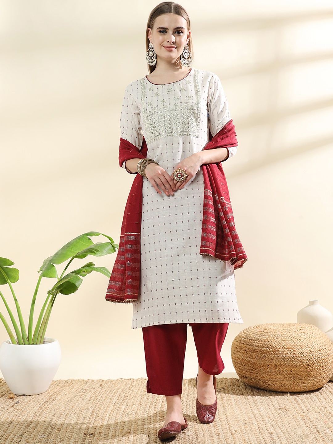 

KALINI Floral Embroidered Regular Thread Work Straight Kurta With Trousers & Dupatta, Maroon