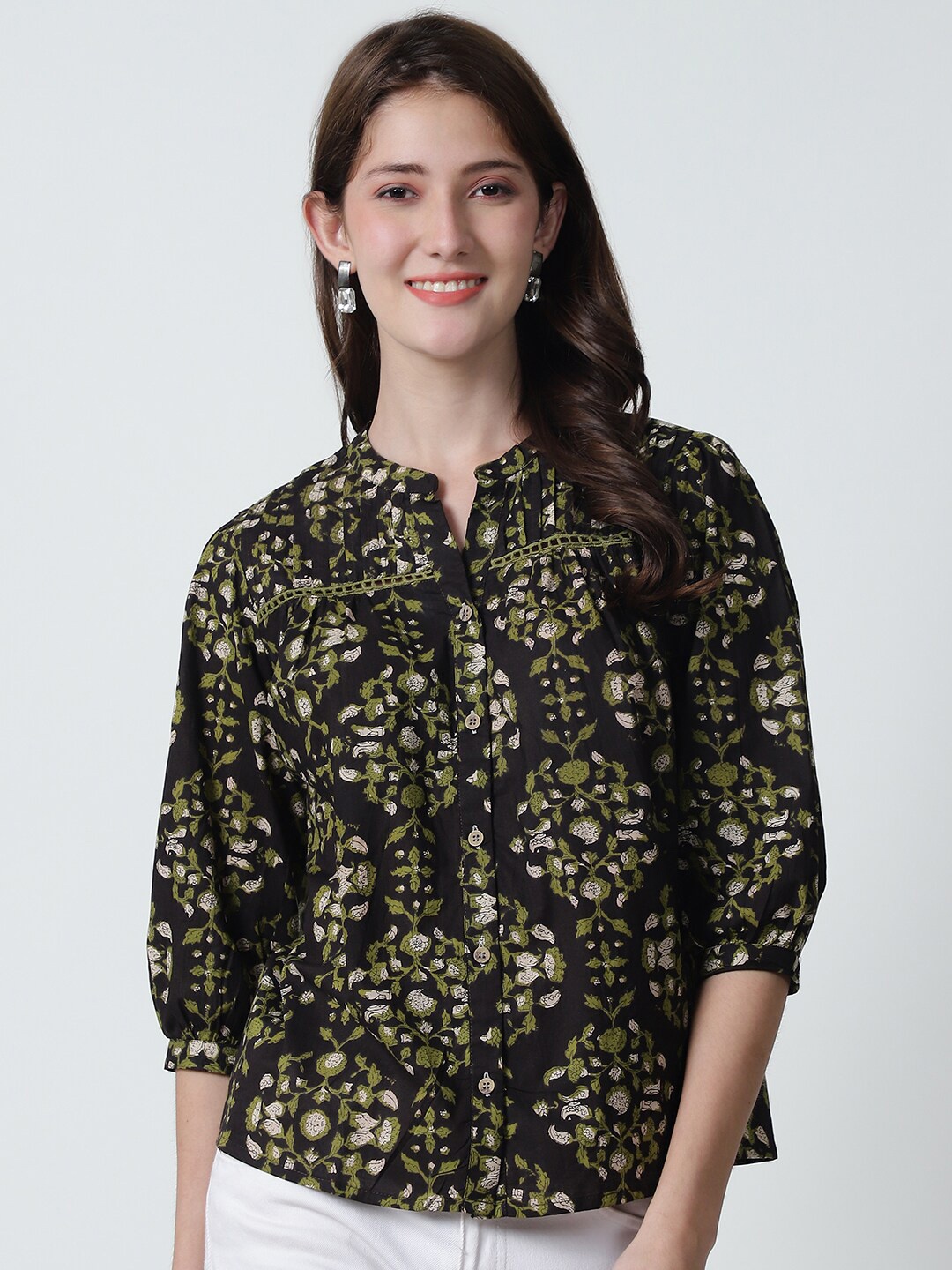 

BAESD Ethnic Motifs Printed Mandarin Collar Puff Sleeves Gathered Detailed Pure Cotton Top, Black