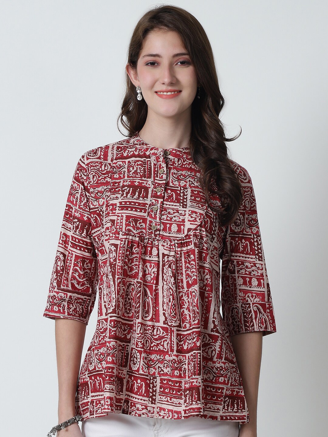 

BAESD Ethnic Motifs Printed Mandarin Collar Cotton Top, Maroon