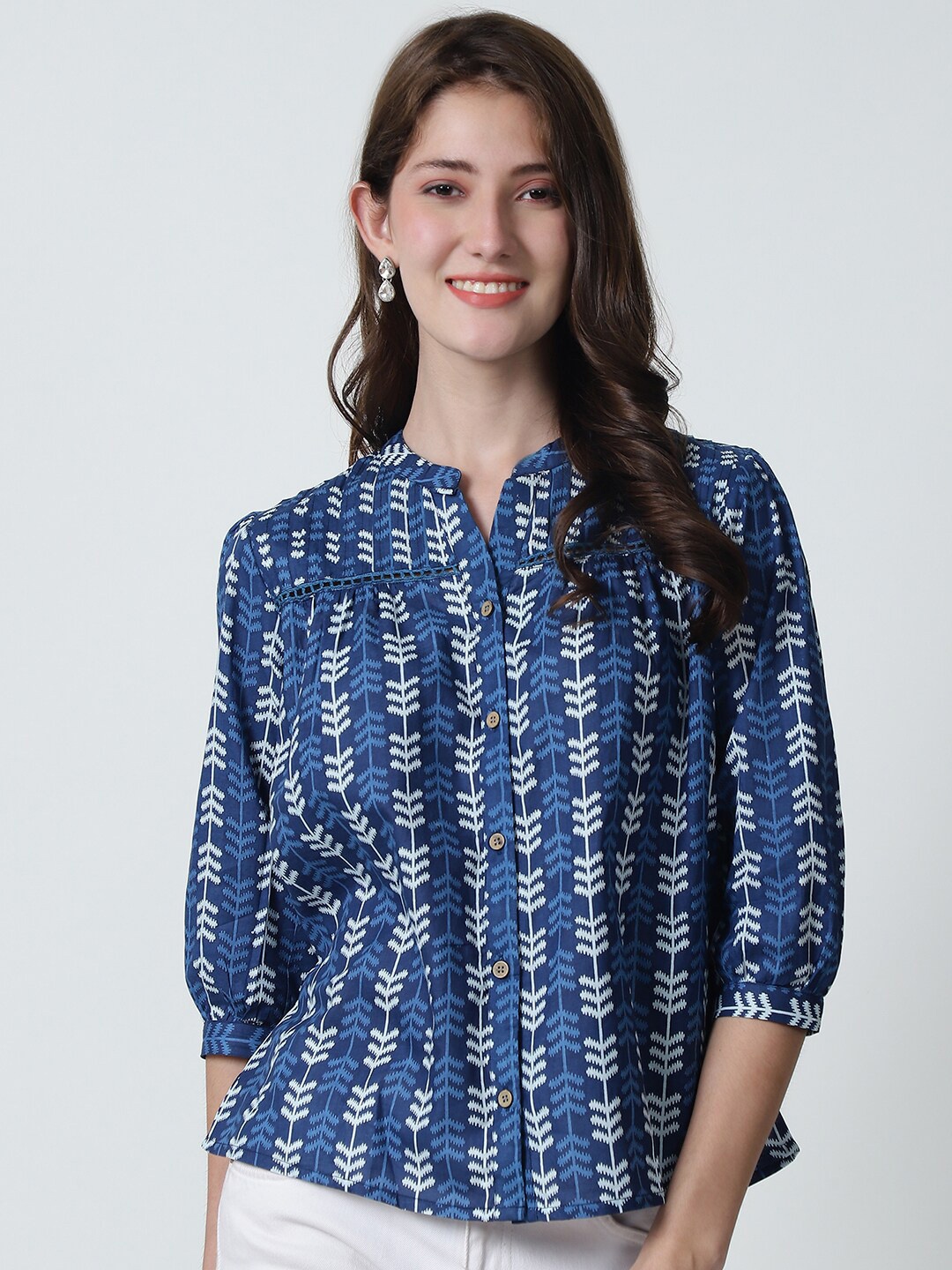 

BAESD Floral Printed Mandarin Collar Cotton Shirt Style Top, Navy blue