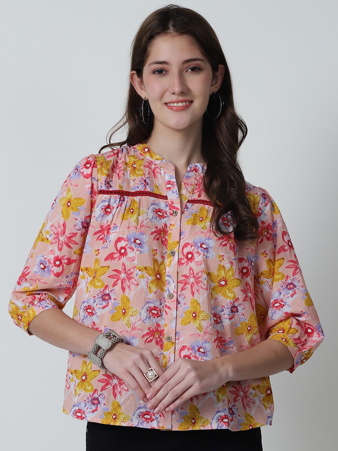 

BAESD Floral Printed Mandarin Collar Cotton Shirt Style Top, Peach