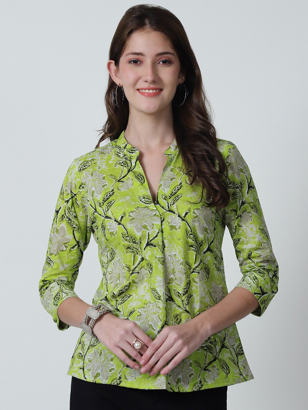 

BAESD Floral Printed Mandarin Collar Cotton Top, Lime green