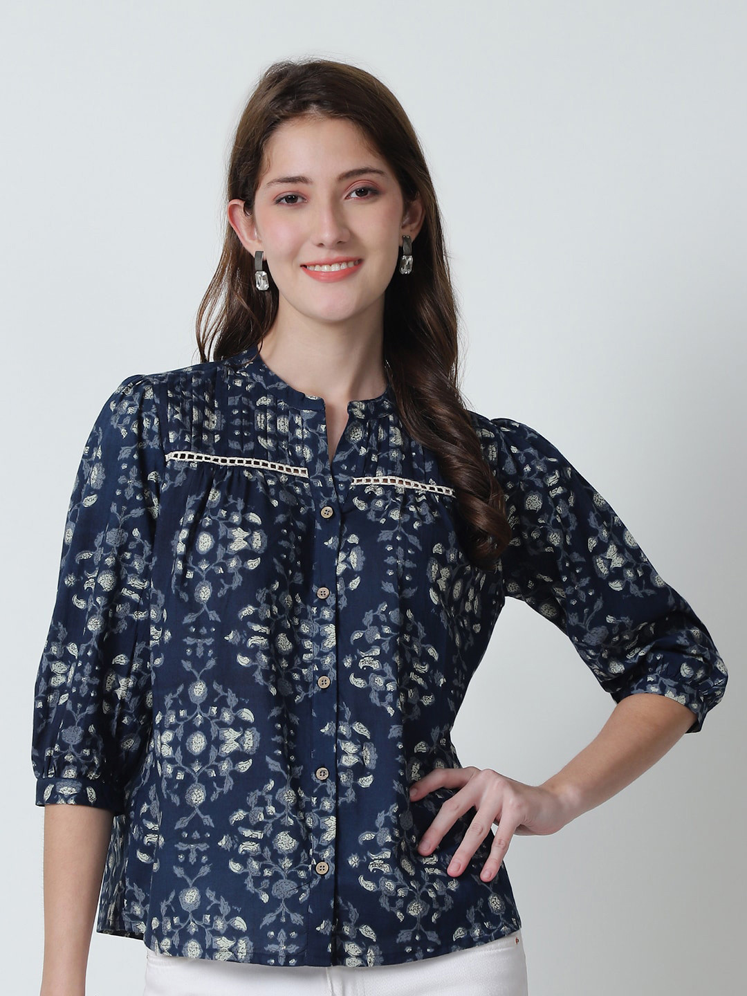 

BAESD Floral Printed Mandarin Collar Pure Cotton Shirt Style Top, Navy blue