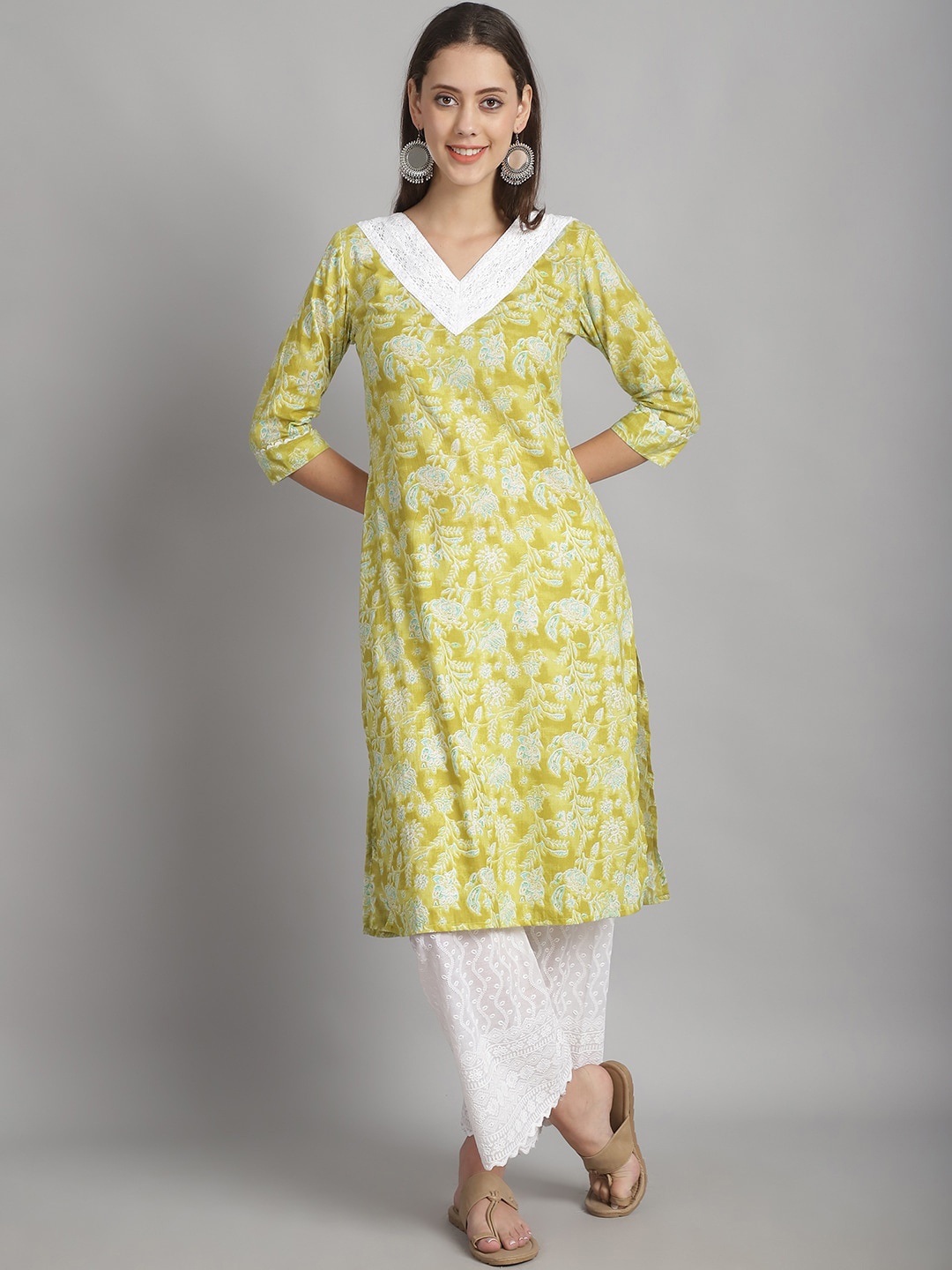 

Frempy Floral Printed V-Neck Cotton Straight Kurta, Lime green