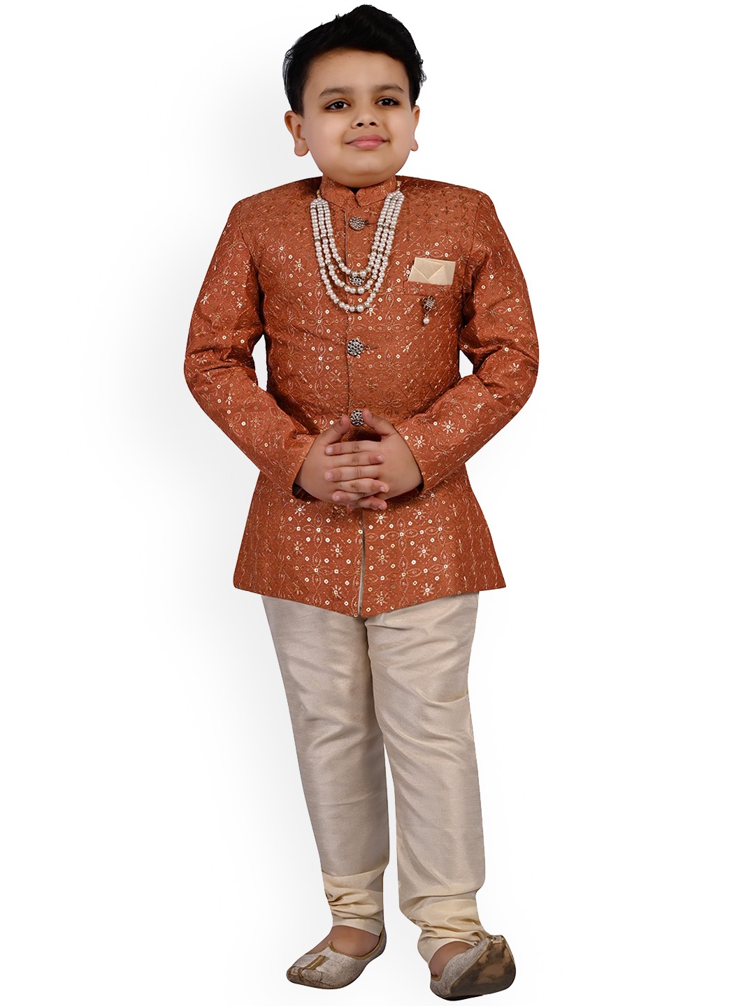 

BAESD Boys Mandarin Collar Long Sleeves Sequence Sherwani Set, Peach