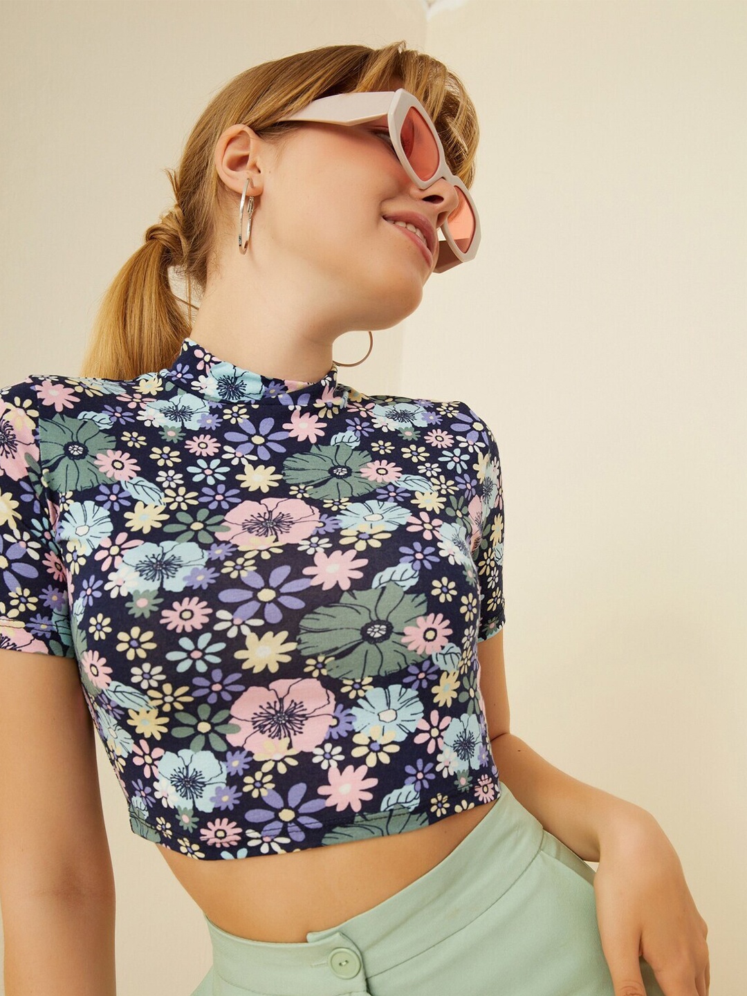 

TANDUL Floral Print High Neck Styled Back Crop Top, Navy blue