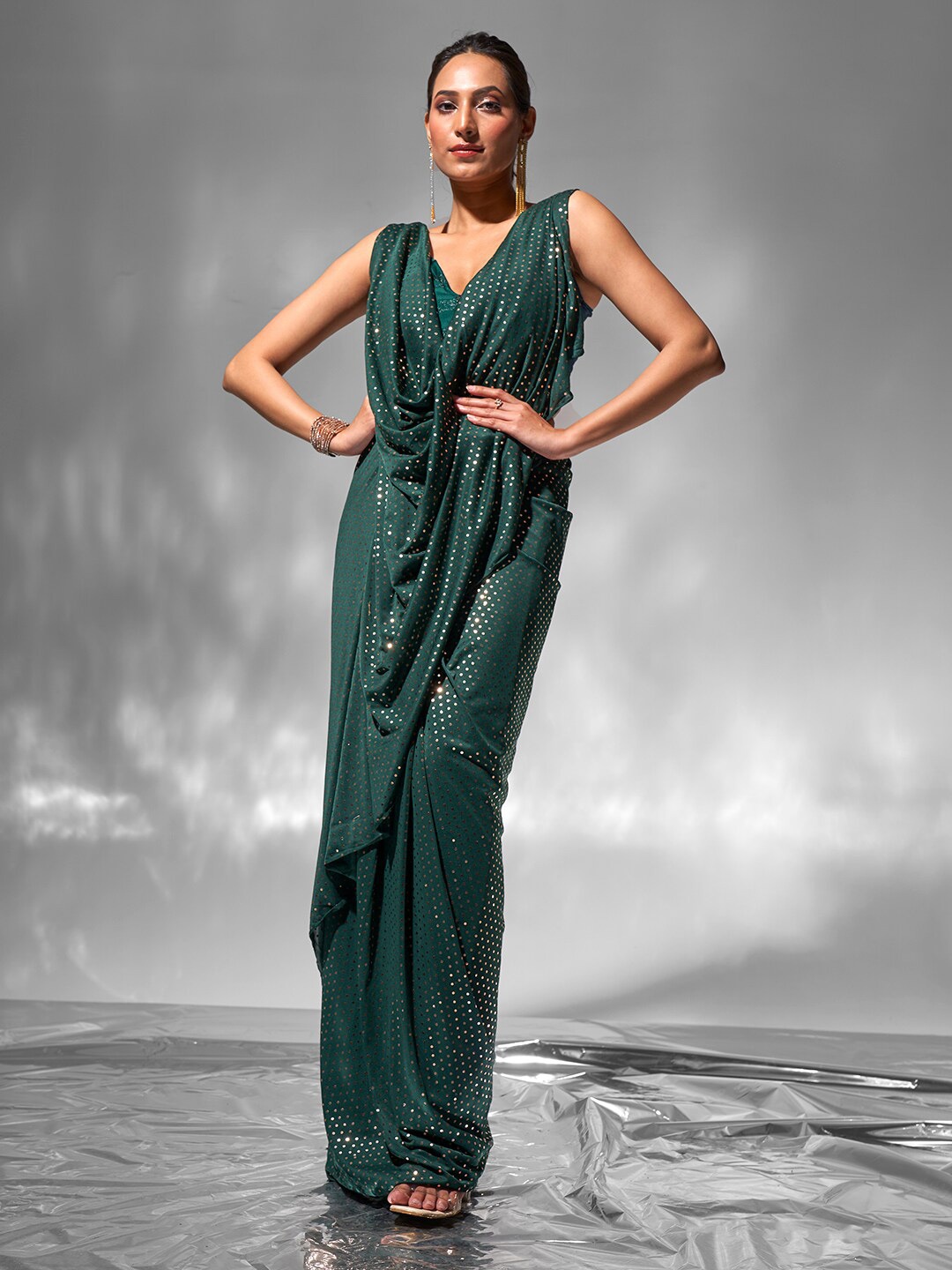 

modeva Embellished Beads and Stones Ready to Wear Sarees, Green