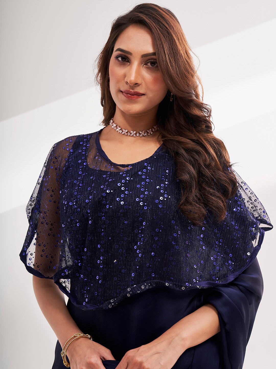 

modeva Ready to Wear Sequinned Sarees, Navy blue