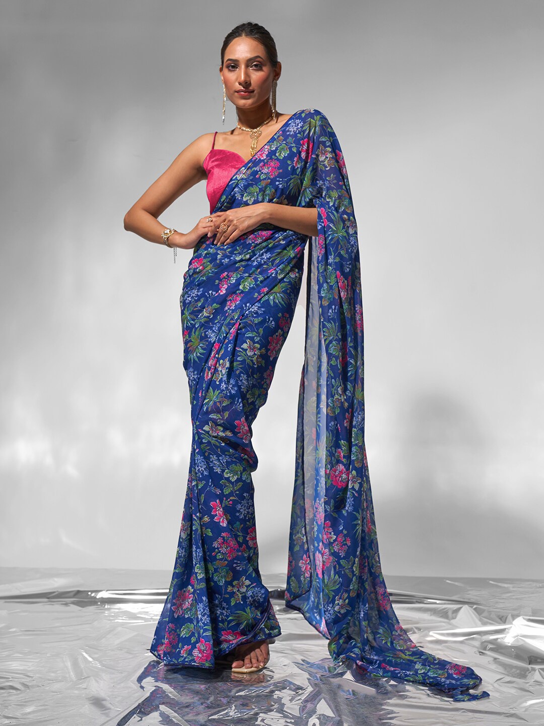 

modeva Floral Printed Ready to Wear Sarees, Blue