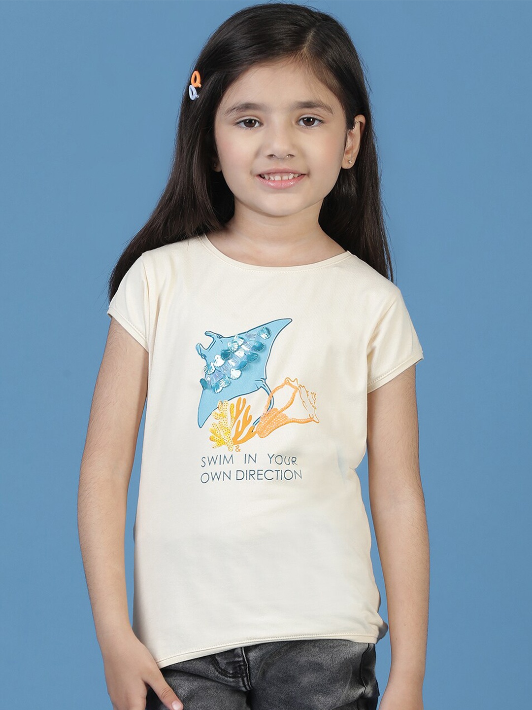 

TALES & STORIES Girls Typography Printed Slim Fit T-shirt, Beige