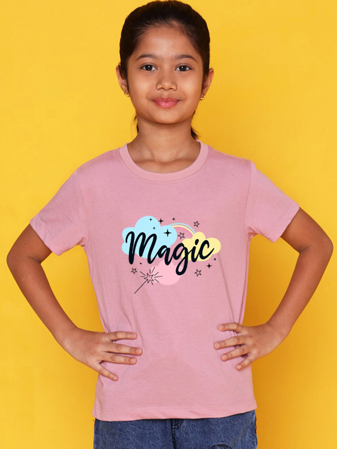 

NUSYL Girls Typography Printed Round Neck T-shirt, Pink