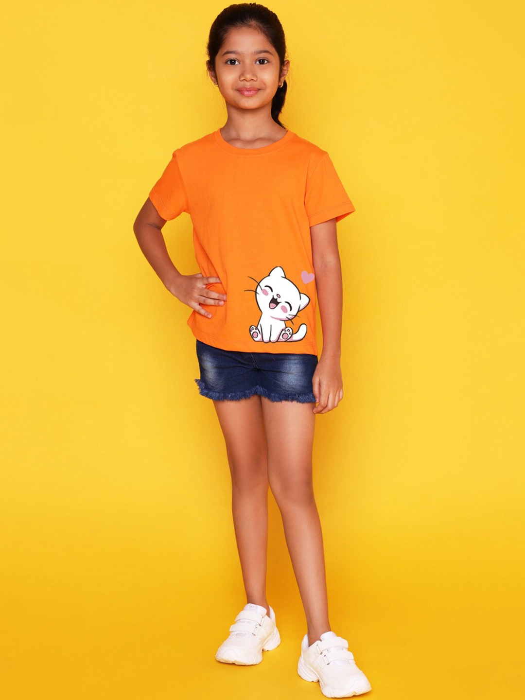 

NUSYL Girls Printed Round Neck Short sleeve T-Shirt, Orange