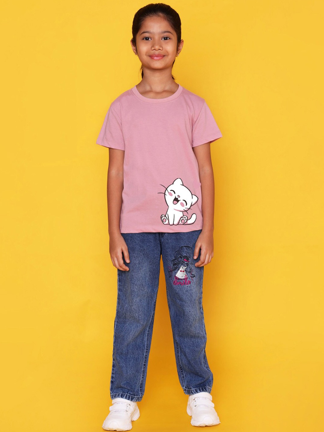 

NUSYL Girls Printed Round Neck T-shirt, Pink