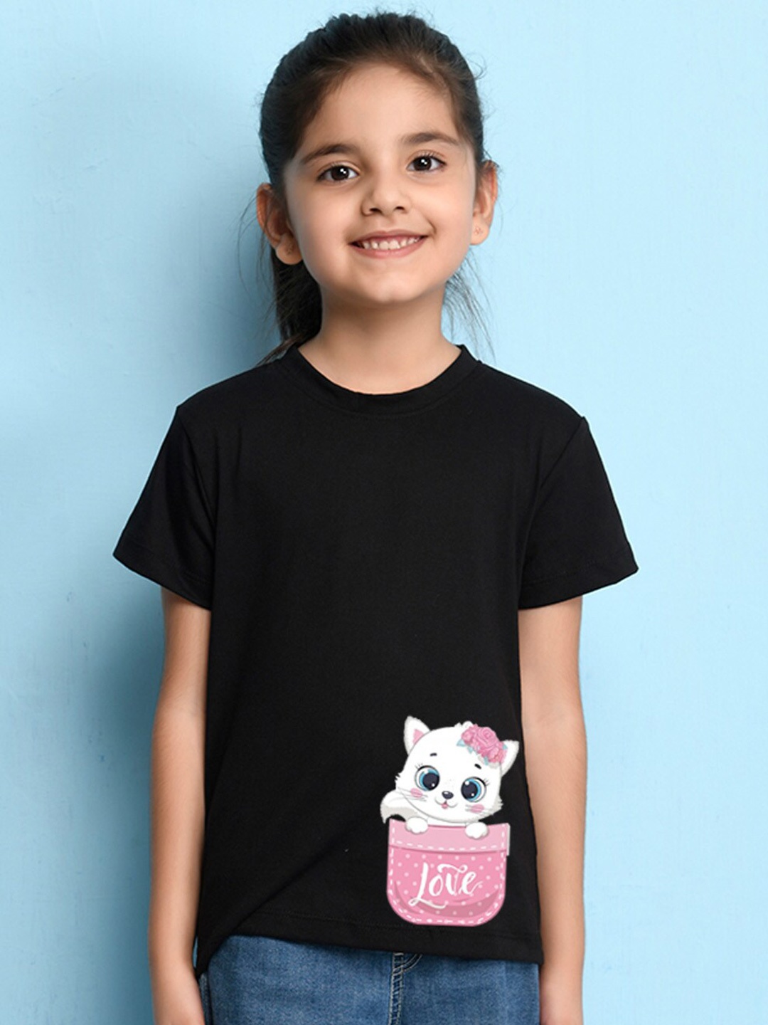 

NUSYL Girls Printed Round Neck T-shirt, Black