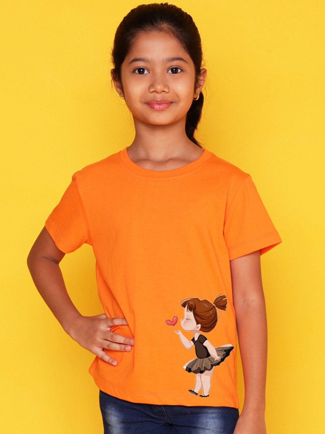 

NUSYL Girls Printed Round Neck T-shirt, Orange