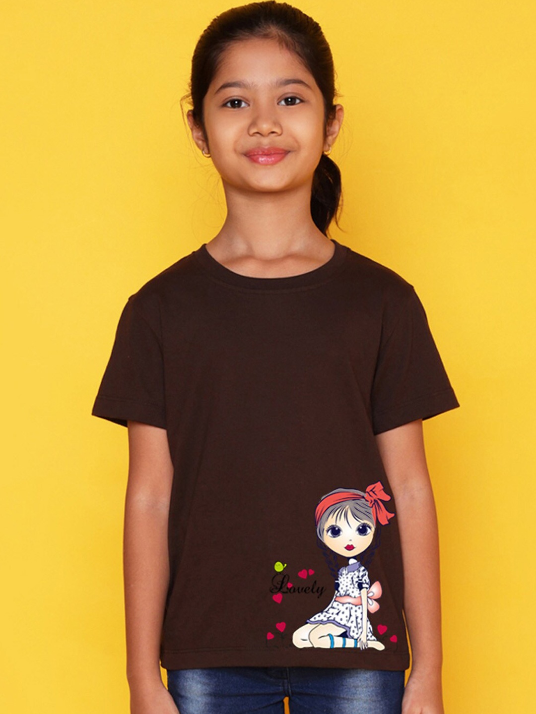 

NUSYL Girls Printed Round Neck T-shirt, Brown
